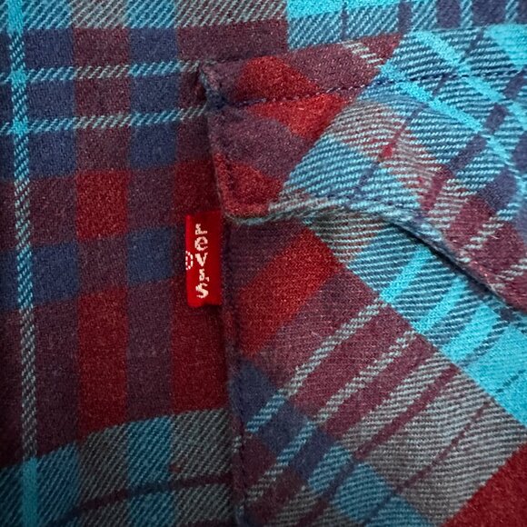 LEVI'S CLASSIC WESTERN FLANEL SHIRT, BLUE & RED PLAID PEARL SNAP BUTTONS SIZE L - Picture 6 of 11